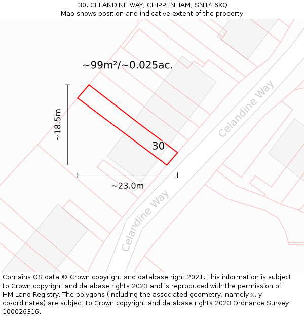 30, CELANDINE WAY, CHIPPENHAM, SN14 6XQ: Plot and title map