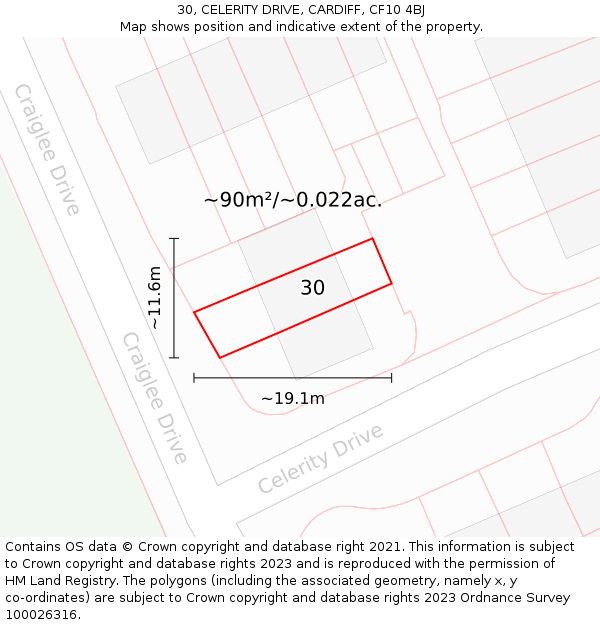 30, CELERITY DRIVE, CARDIFF, CF10 4BJ: Plot and title map