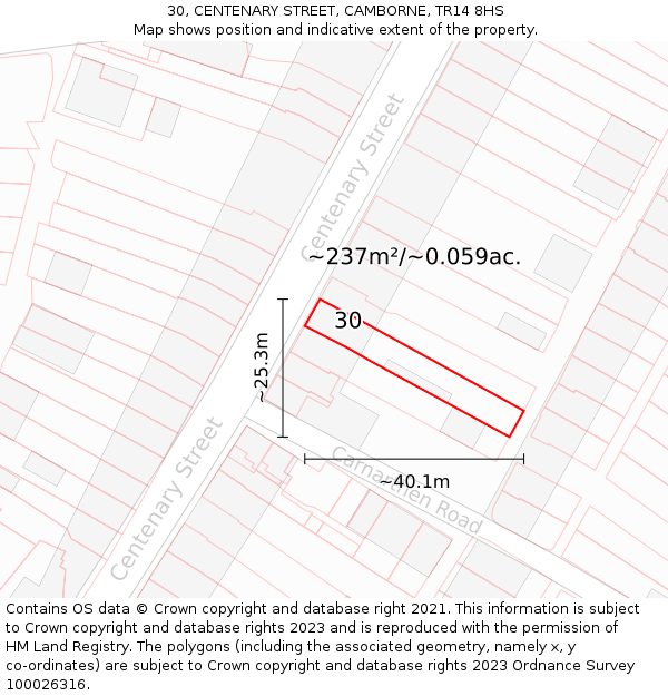 30, CENTENARY STREET, CAMBORNE, TR14 8HS: Plot and title map