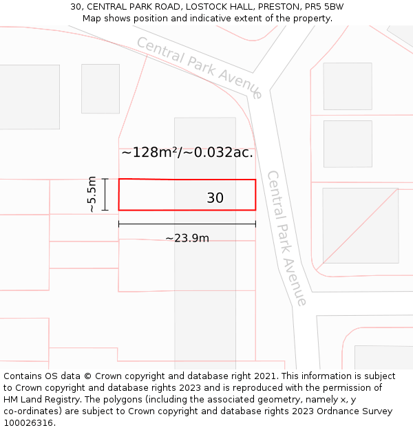 30, CENTRAL PARK ROAD, LOSTOCK HALL, PRESTON, PR5 5BW: Plot and title map