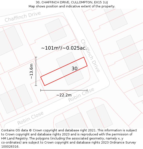 30, CHAFFINCH DRIVE, CULLOMPTON, EX15 1UJ: Plot and title map