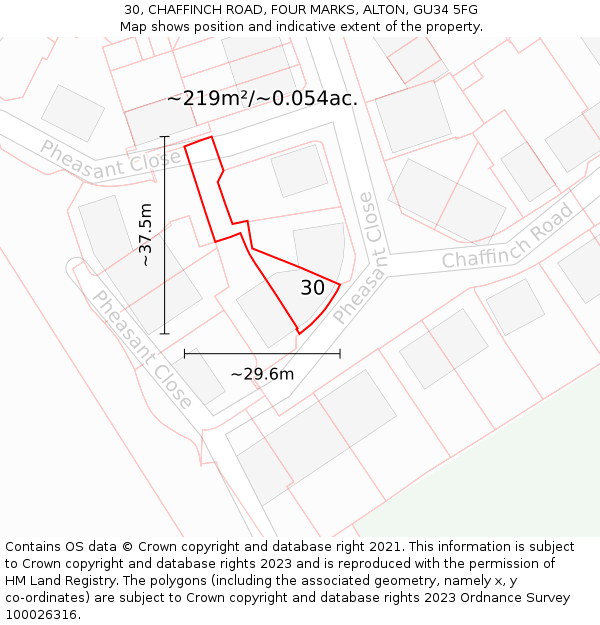 30, CHAFFINCH ROAD, FOUR MARKS, ALTON, GU34 5FG: Plot and title map