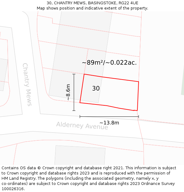 30, CHANTRY MEWS, BASINGSTOKE, RG22 4UE: Plot and title map