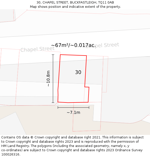 30, CHAPEL STREET, BUCKFASTLEIGH, TQ11 0AB: Plot and title map