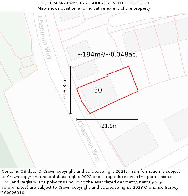 30, CHAPMAN WAY, EYNESBURY, ST NEOTS, PE19 2HD: Plot and title map