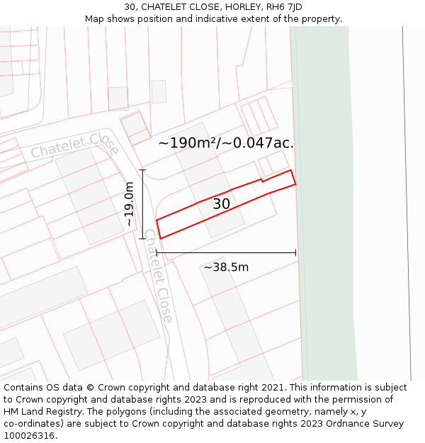 30, CHATELET CLOSE, HORLEY, RH6 7JD: Plot and title map