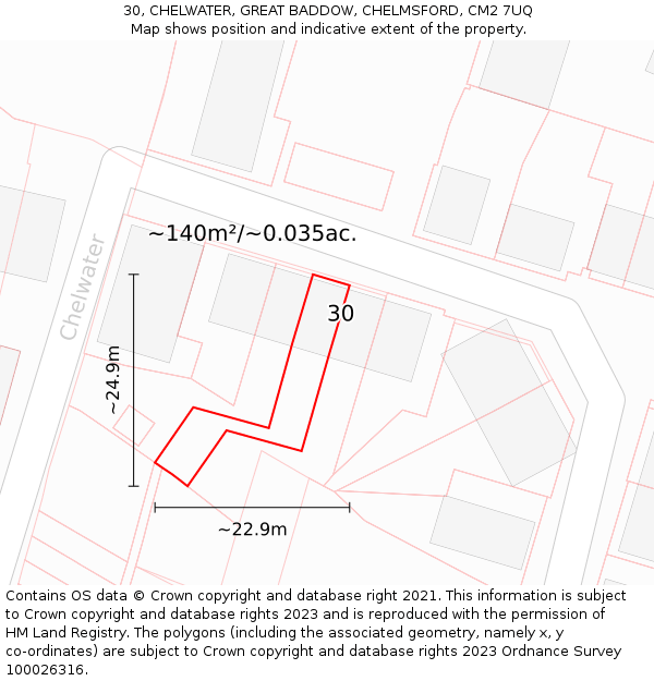 30, CHELWATER, GREAT BADDOW, CHELMSFORD, CM2 7UQ: Plot and title map