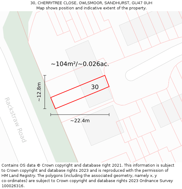 30, CHERRYTREE CLOSE, OWLSMOOR, SANDHURST, GU47 0UH: Plot and title map