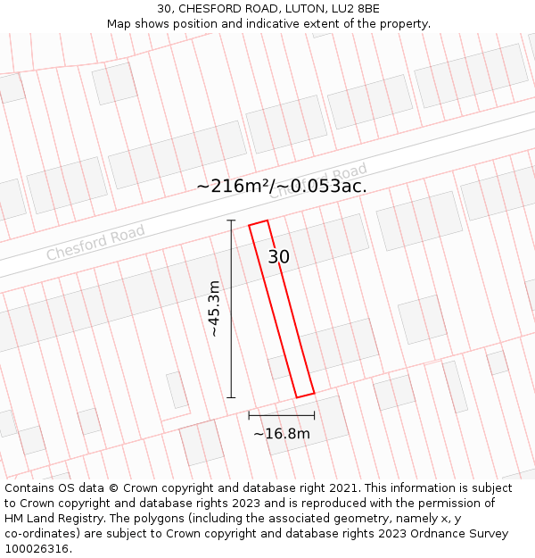 30, CHESFORD ROAD, LUTON, LU2 8BE: Plot and title map
