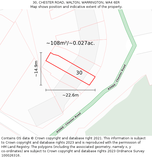 30, CHESTER ROAD, WALTON, WARRINGTON, WA4 6ER: Plot and title map