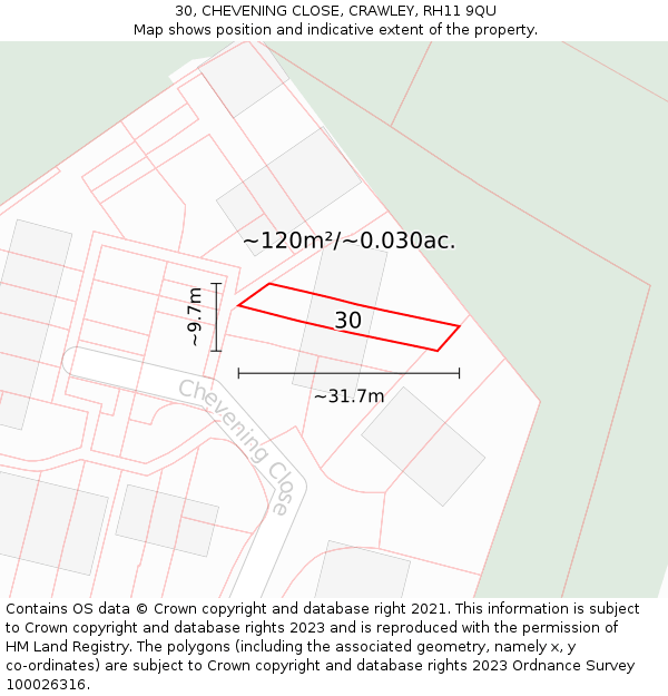30, CHEVENING CLOSE, CRAWLEY, RH11 9QU: Plot and title map