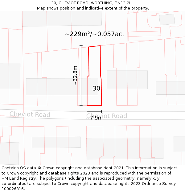 30, CHEVIOT ROAD, WORTHING, BN13 2LH: Plot and title map
