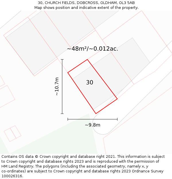 30, CHURCH FIELDS, DOBCROSS, OLDHAM, OL3 5AB: Plot and title map