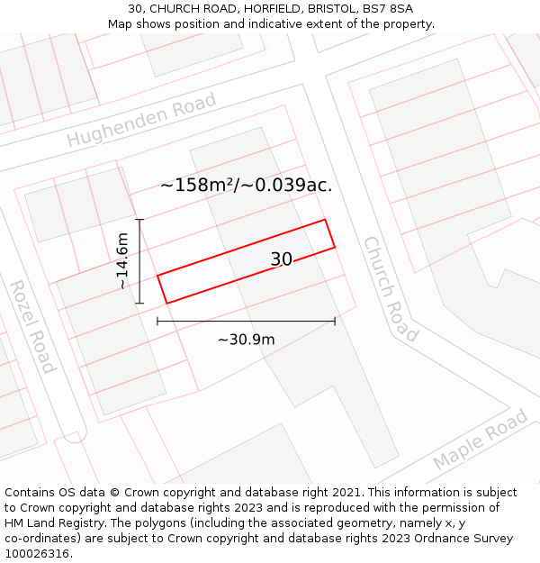 30, CHURCH ROAD, HORFIELD, BRISTOL, BS7 8SA: Plot and title map