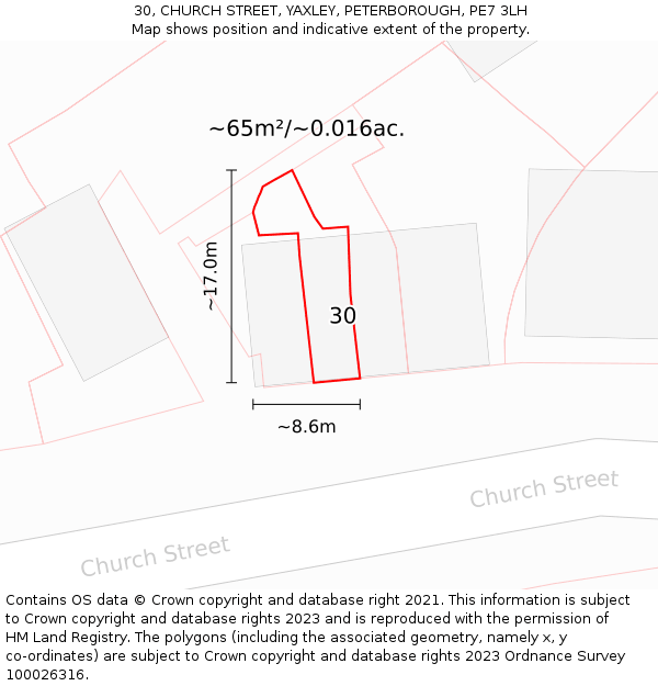 30, CHURCH STREET, YAXLEY, PETERBOROUGH, PE7 3LH: Plot and title map