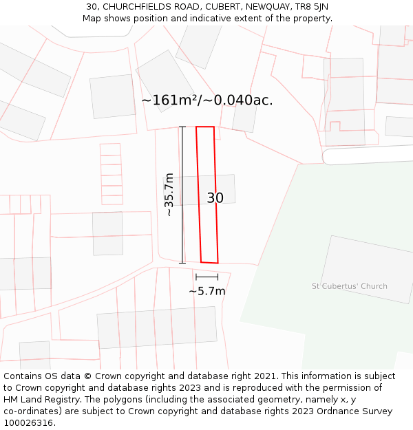 30, CHURCHFIELDS ROAD, CUBERT, NEWQUAY, TR8 5JN: Plot and title map