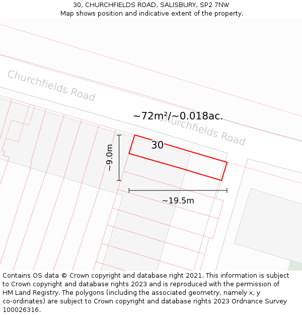 30, CHURCHFIELDS ROAD, SALISBURY, SP2 7NW: Plot and title map