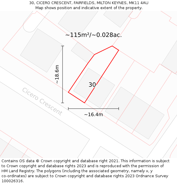 30, CICERO CRESCENT, FAIRFIELDS, MILTON KEYNES, MK11 4AU: Plot and title map