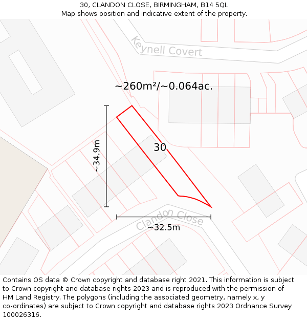 30, CLANDON CLOSE, BIRMINGHAM, B14 5QL: Plot and title map