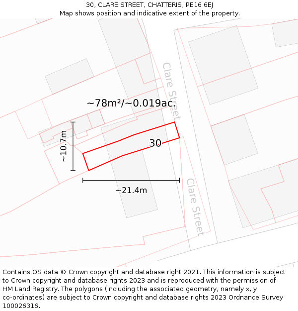 30, CLARE STREET, CHATTERIS, PE16 6EJ: Plot and title map