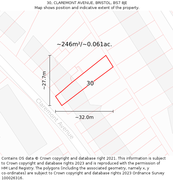 30, CLAREMONT AVENUE, BRISTOL, BS7 8JE: Plot and title map