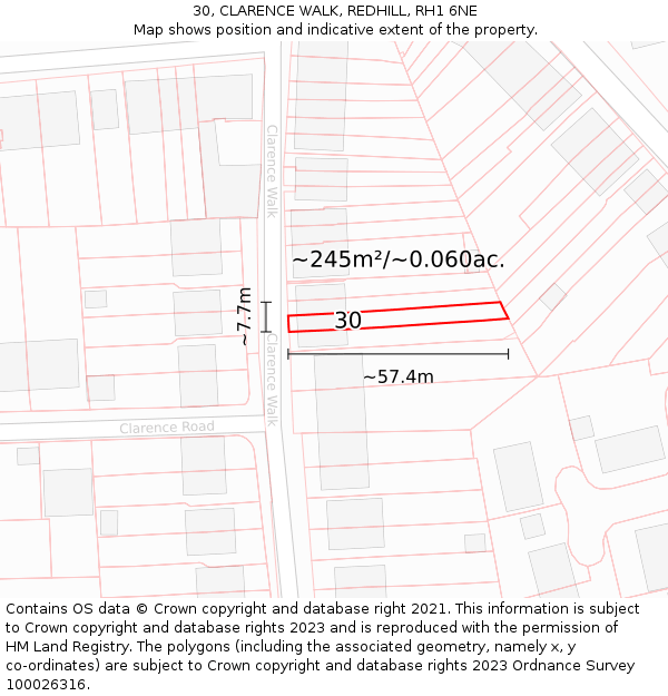 30, CLARENCE WALK, REDHILL, RH1 6NE: Plot and title map