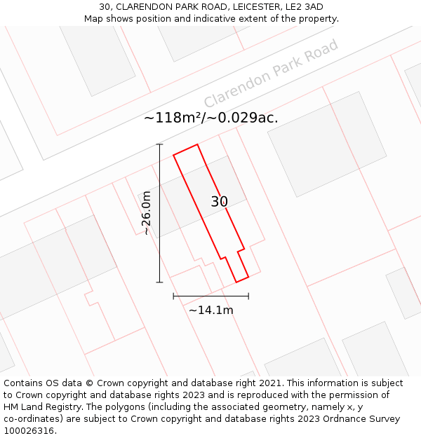 30, CLARENDON PARK ROAD, LEICESTER, LE2 3AD: Plot and title map