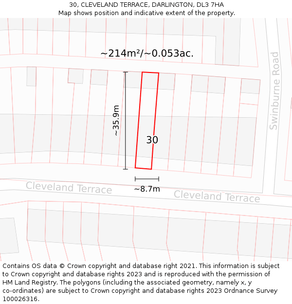 30, CLEVELAND TERRACE, DARLINGTON, DL3 7HA: Plot and title map