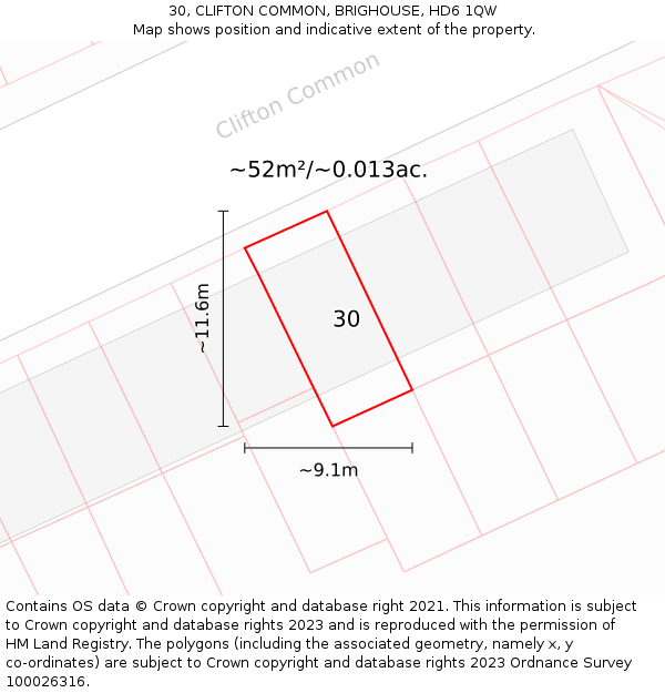 30, CLIFTON COMMON, BRIGHOUSE, HD6 1QW: Plot and title map