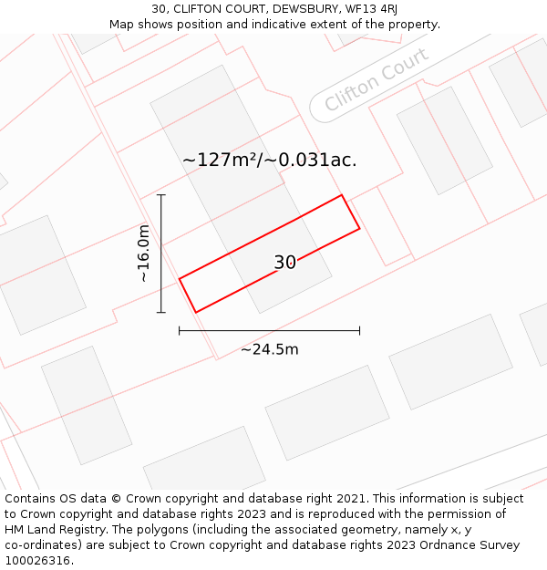 30, CLIFTON COURT, DEWSBURY, WF13 4RJ: Plot and title map