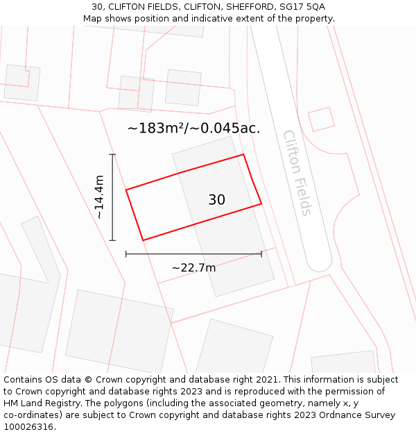 30, CLIFTON FIELDS, CLIFTON, SHEFFORD, SG17 5QA: Plot and title map