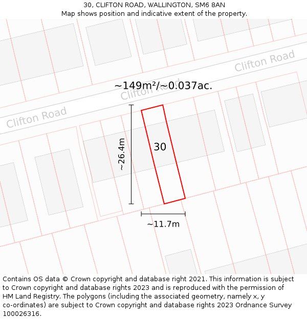 30, CLIFTON ROAD, WALLINGTON, SM6 8AN: Plot and title map