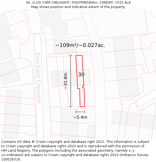 30, CLOS CWM CREUNANT, PONTPRENNAU, CARDIFF, CF23 8LA: Plot and title map