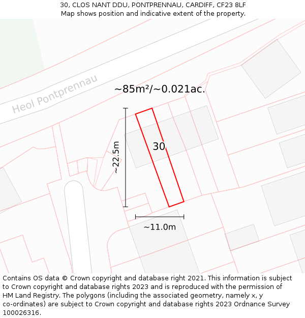 30, CLOS NANT DDU, PONTPRENNAU, CARDIFF, CF23 8LF: Plot and title map