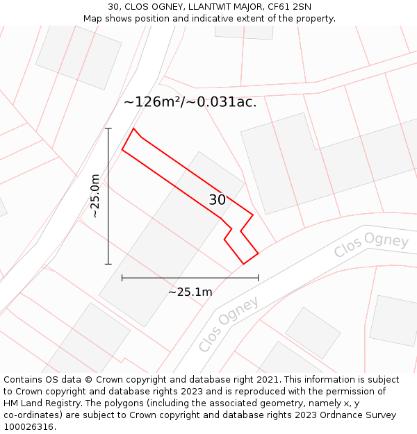 30, CLOS OGNEY, LLANTWIT MAJOR, CF61 2SN: Plot and title map
