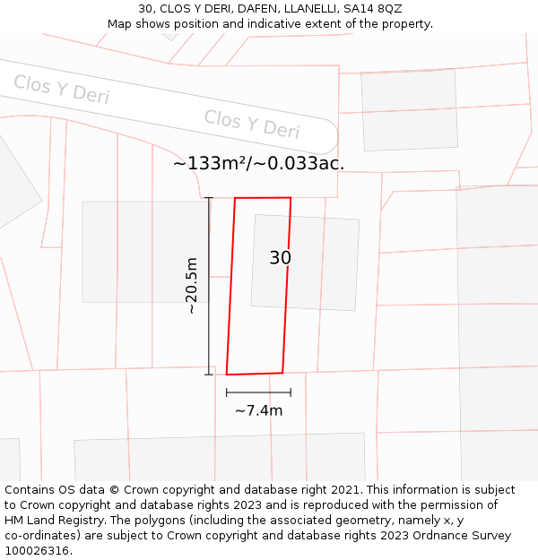 30, CLOS Y DERI, DAFEN, LLANELLI, SA14 8QZ: Plot and title map