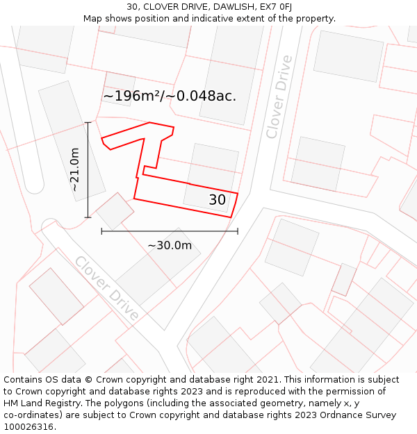 30, CLOVER DRIVE, DAWLISH, EX7 0FJ: Plot and title map