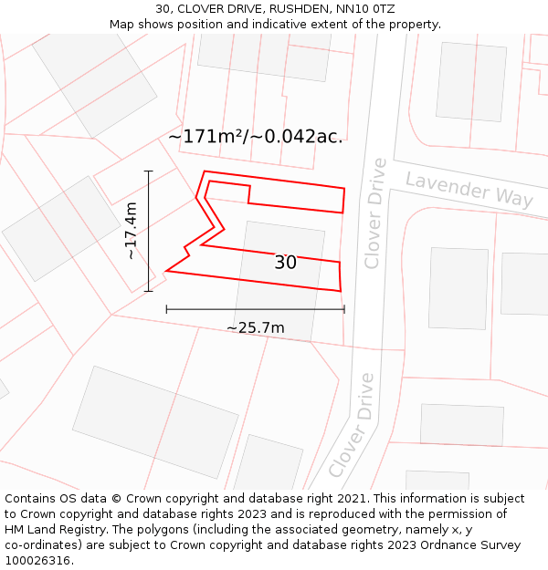 30, CLOVER DRIVE, RUSHDEN, NN10 0TZ: Plot and title map