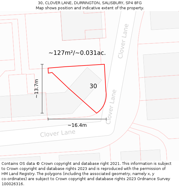30, CLOVER LANE, DURRINGTON, SALISBURY, SP4 8FG: Plot and title map