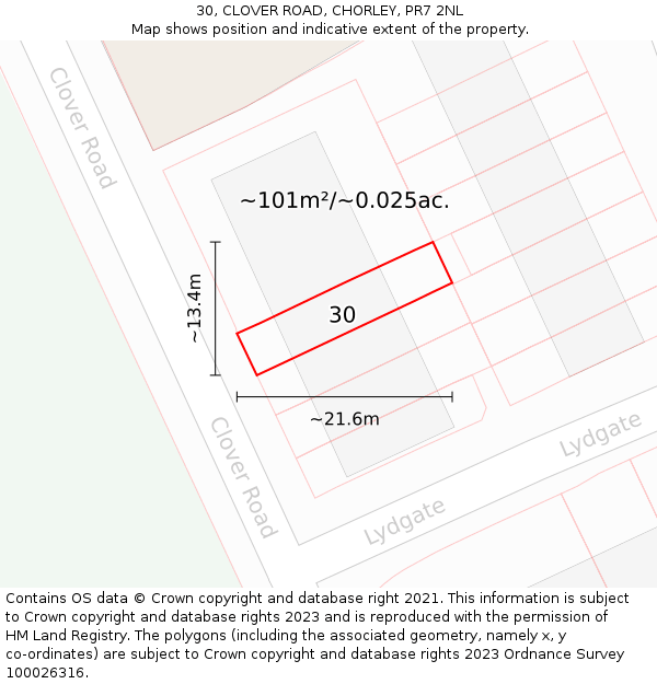 30, CLOVER ROAD, CHORLEY, PR7 2NL: Plot and title map