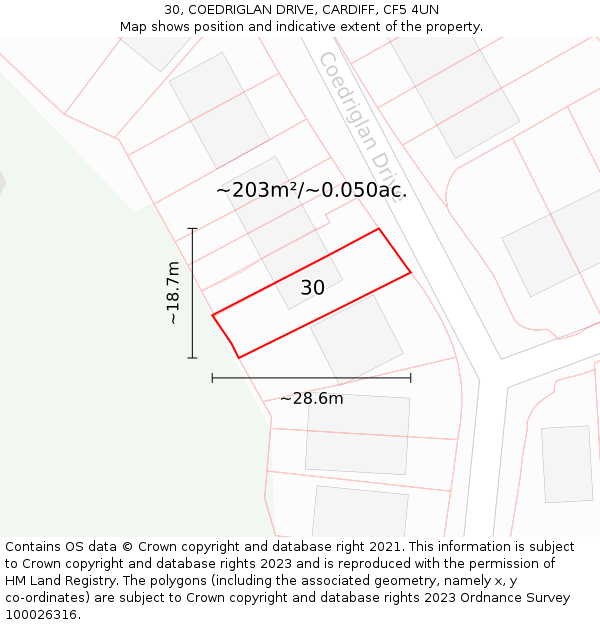 30, COEDRIGLAN DRIVE, CARDIFF, CF5 4UN: Plot and title map