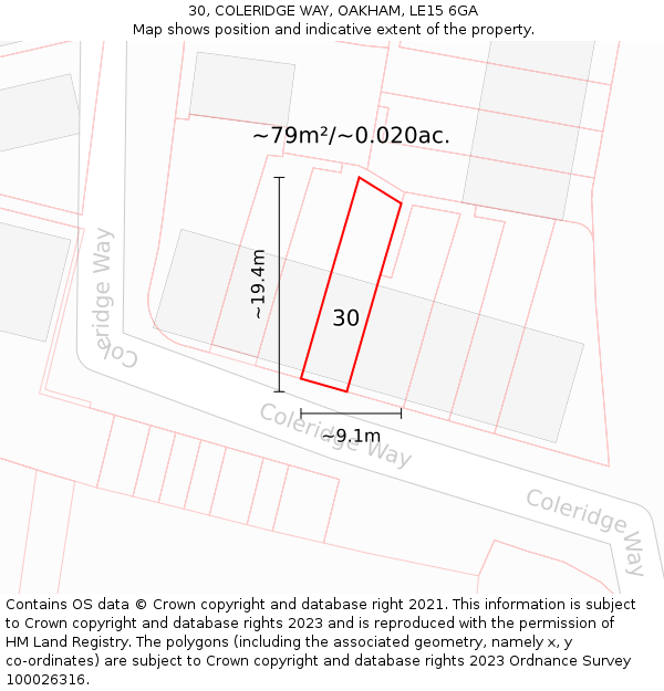 30, COLERIDGE WAY, OAKHAM, LE15 6GA: Plot and title map