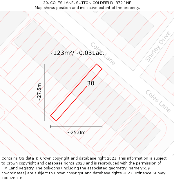 30, COLES LANE, SUTTON COLDFIELD, B72 1NE: Plot and title map