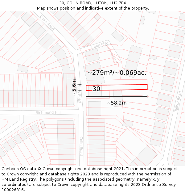 30, COLIN ROAD, LUTON, LU2 7RX: Plot and title map