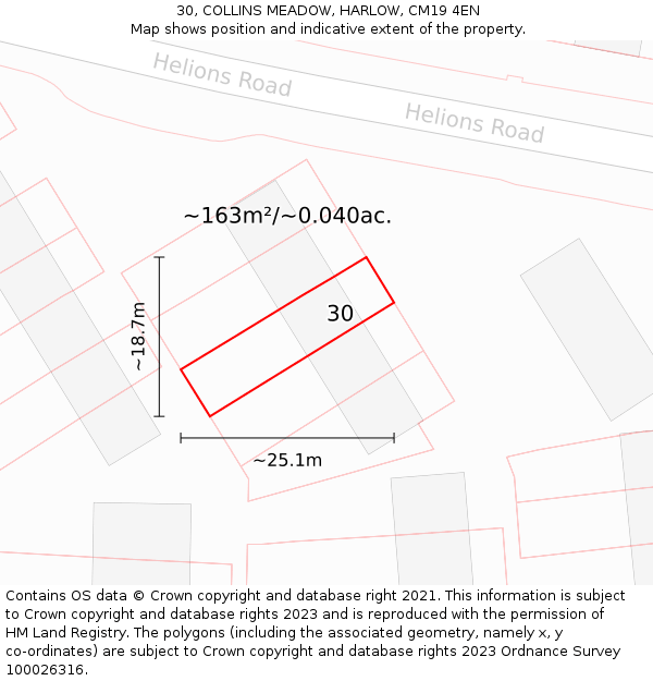 30, COLLINS MEADOW, HARLOW, CM19 4EN: Plot and title map