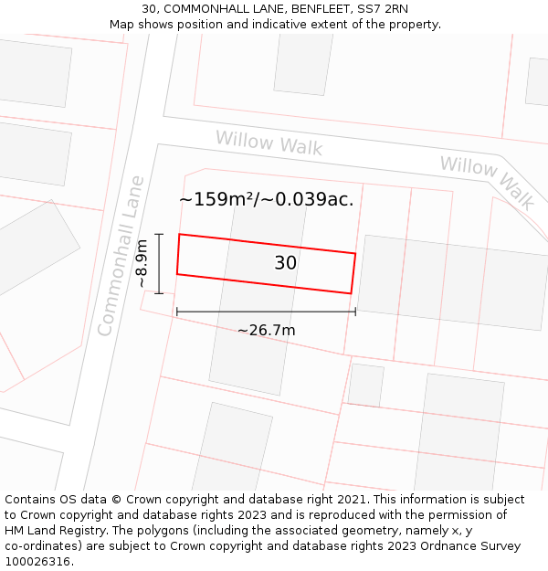 30, COMMONHALL LANE, BENFLEET, SS7 2RN: Plot and title map