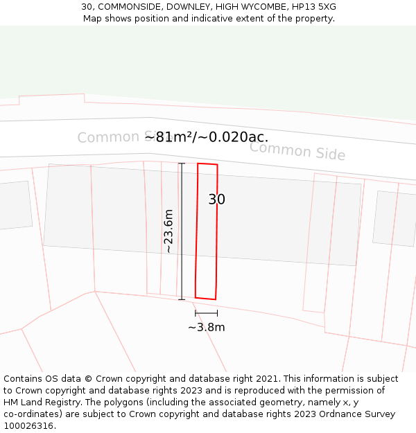30, COMMONSIDE, DOWNLEY, HIGH WYCOMBE, HP13 5XG: Plot and title map