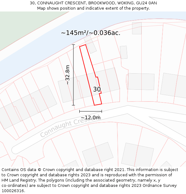 30, CONNAUGHT CRESCENT, BROOKWOOD, WOKING, GU24 0AN: Plot and title map