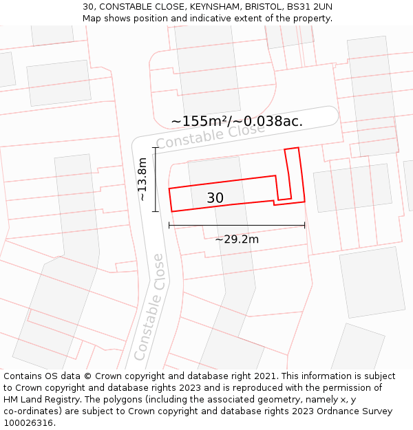 30, CONSTABLE CLOSE, KEYNSHAM, BRISTOL, BS31 2UN: Plot and title map