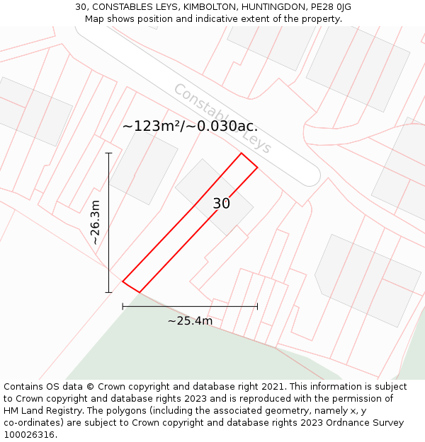30, CONSTABLES LEYS, KIMBOLTON, HUNTINGDON, PE28 0JG: Plot and title map
